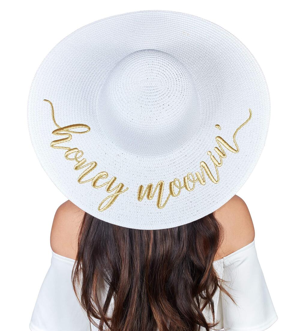 1528 Embroidered Straw Sun Hat Bridal Shower Honeymoon Gift Honey Moonin'
